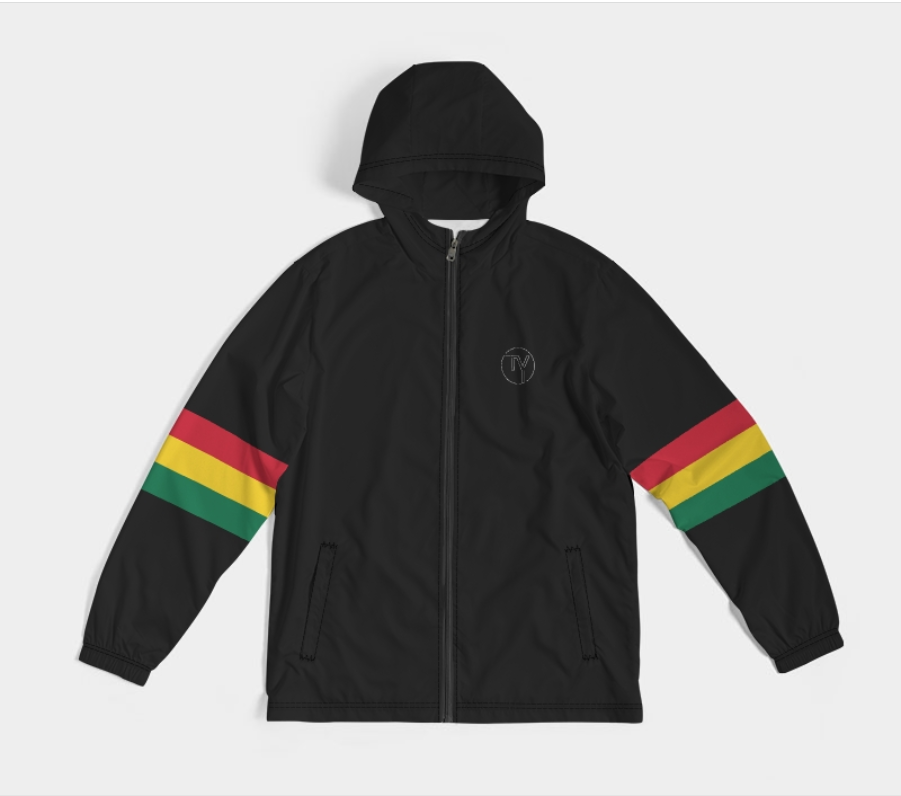 A black zip-up hooded jacket with three-color striped sleeve bands in red, yellow, and green, featuring a small circular chest logo, shown against a light gray background.
