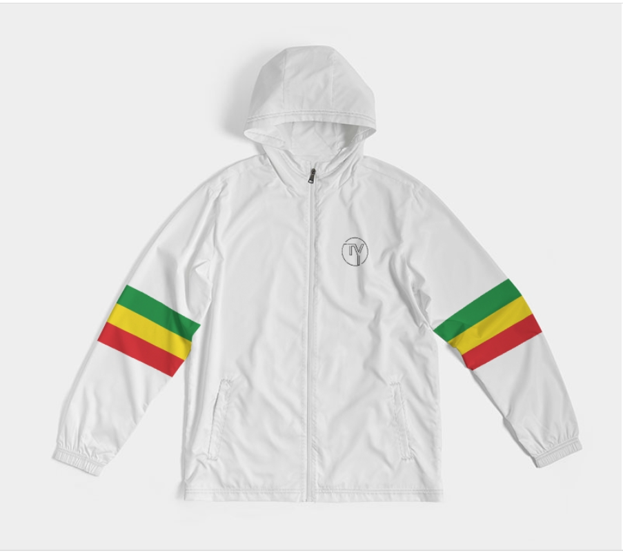 A white hooded windbreaker jacket with a small circular chest logo, featuring green, yellow, and red striped sleeve bands on both arms, shown against a light gray background.