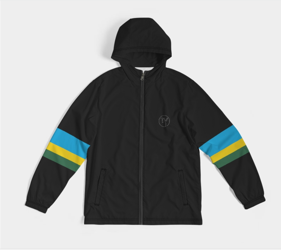 A black hooded zip-up jacket with three-color striped sleeve accents in blue, yellow, and green, featuring a small circular logo on the left chest, displayed on a light gray background.
