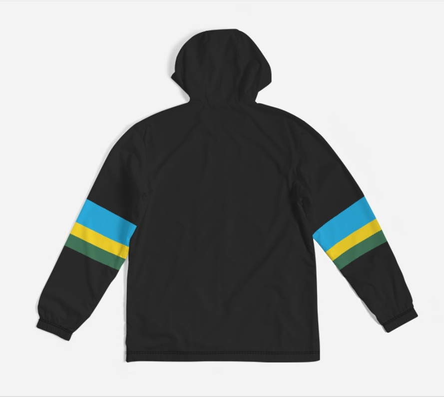 A black hooded jacket shown from the back, featuring two striped sleeve bands in blue, yellow, and green, displayed on a light gray background.