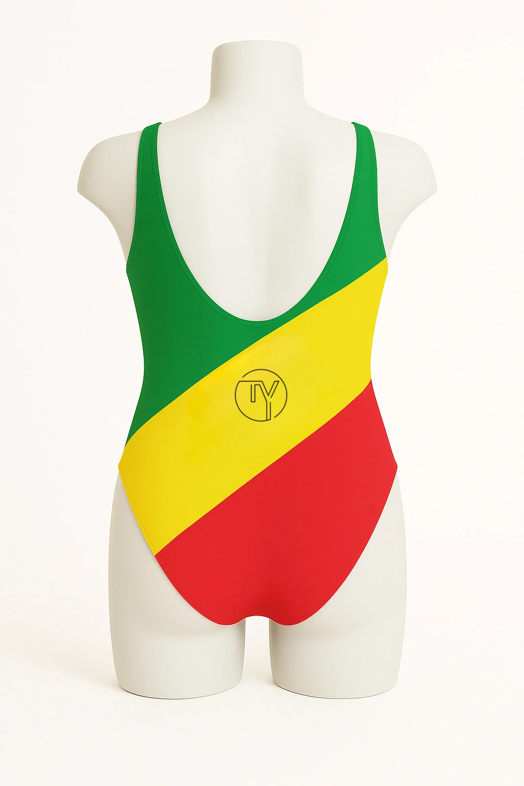 Back view of women's one-piece swimsuit inspired by the Ethiopia flag