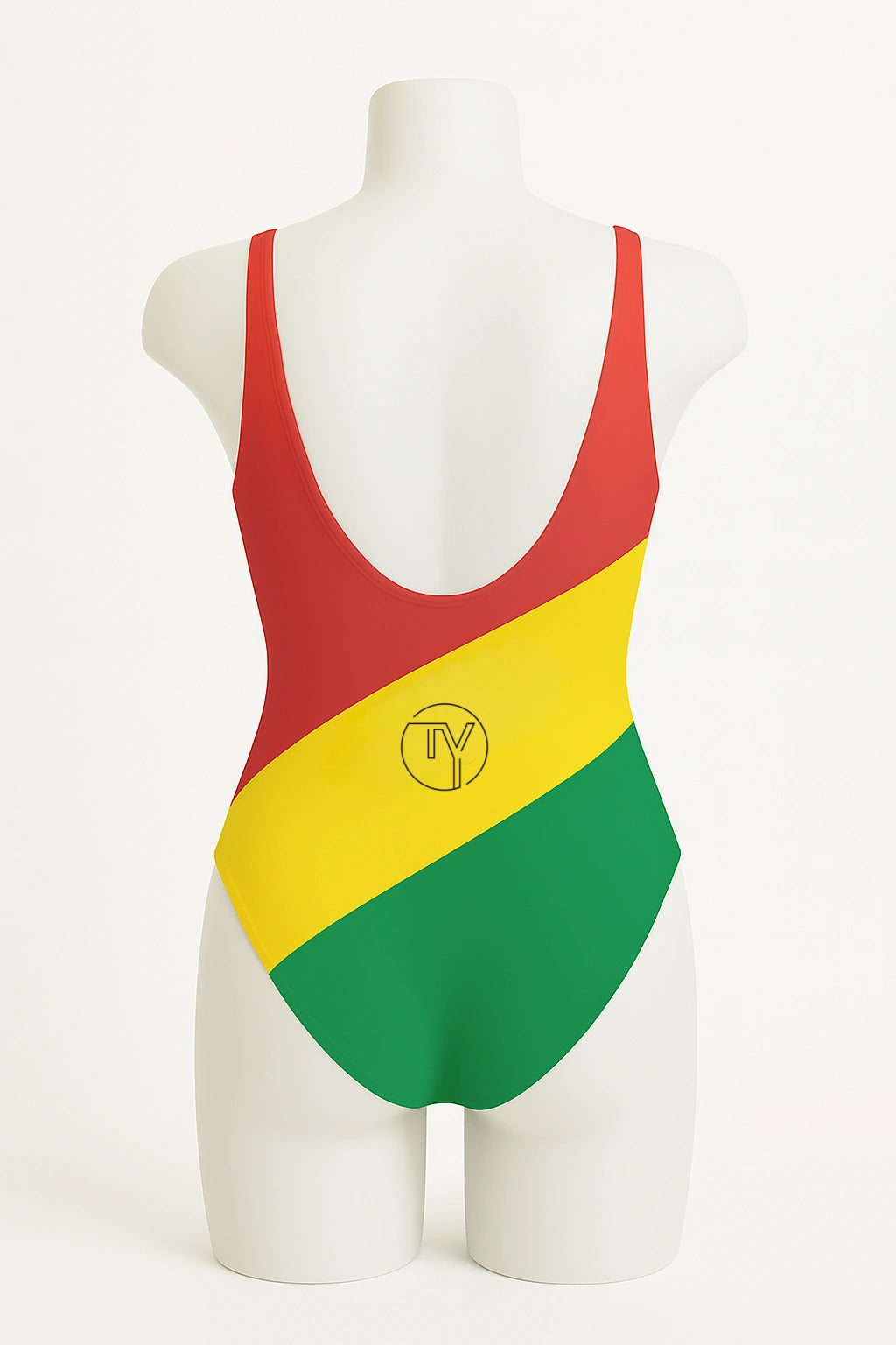 Back view of women's one-piece swimsuit inspired by the Ghana flag