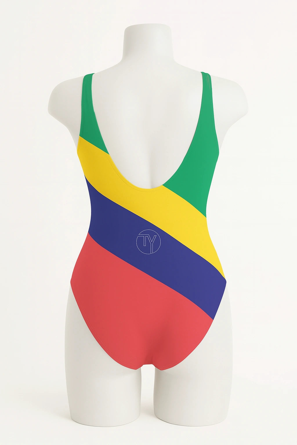 Back view of women's one-piece swimsuit inspired by the Mauritius flag on mannequin illustrating the cut of the swimsuit.
