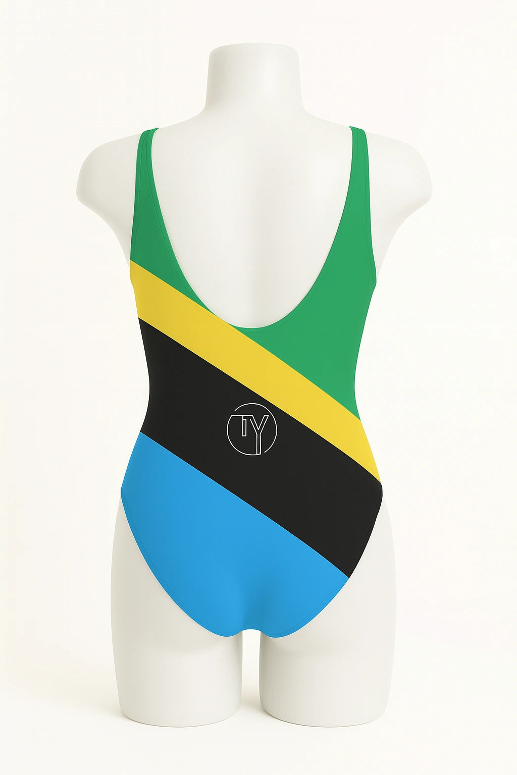Back view of women's one-piece swimsuit inspired by the Tanzania flag